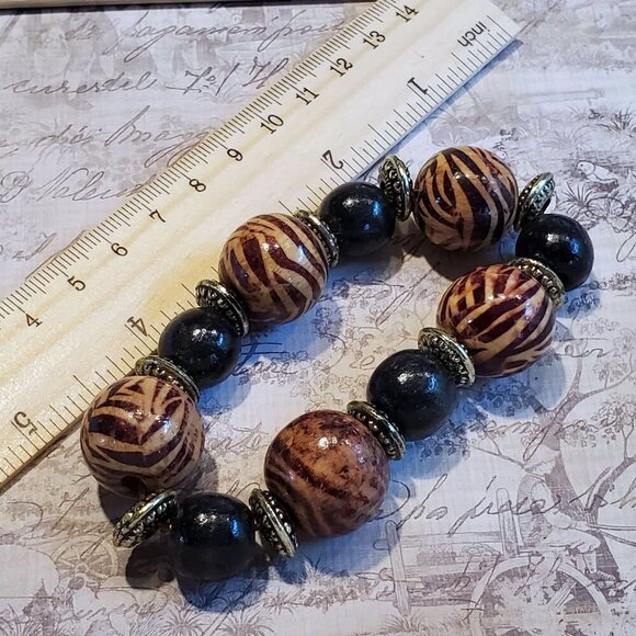 Vintage 90s Y2K Animal Giraffe Print Chunky Wood Beads Stretch Bangle Bracelet - Picture 10 of 11